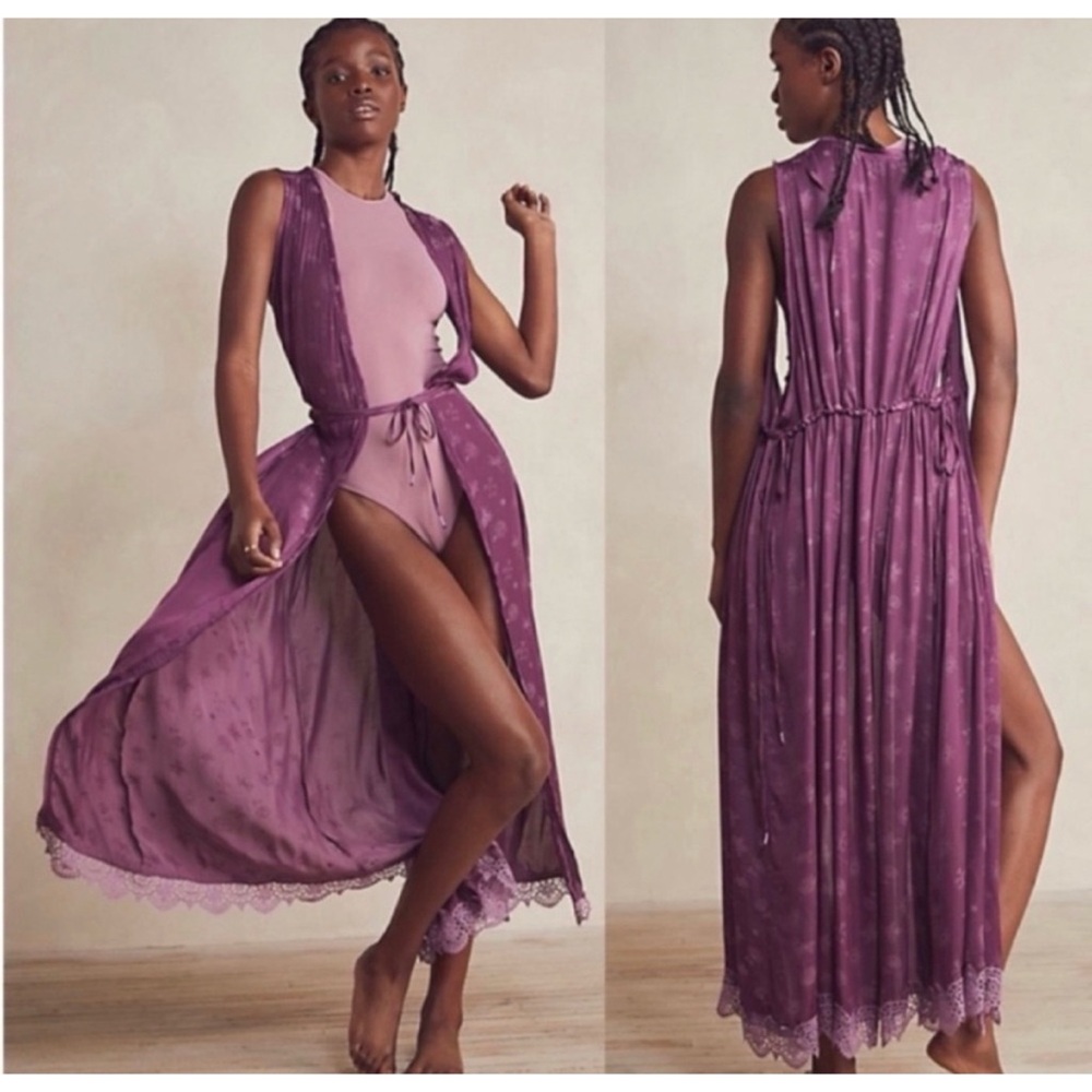 Intimately Free People Butterfly Print Purple Lace Duster Robe Cardigan Boho NWO
